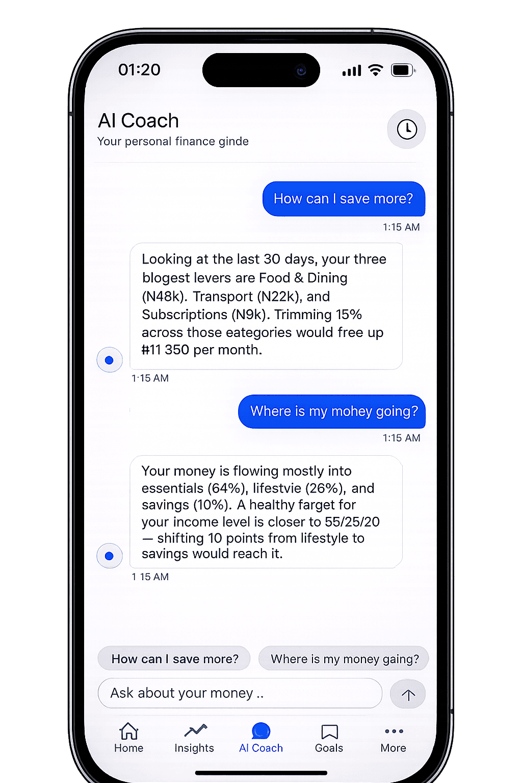 Pocketwize AI Coach showing a conversation about spending insights