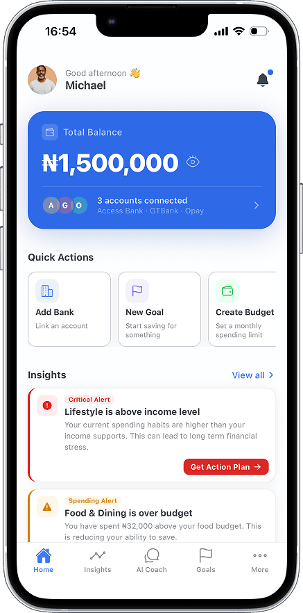 Pocketwize home screen showing total balance, connected accounts, and insights