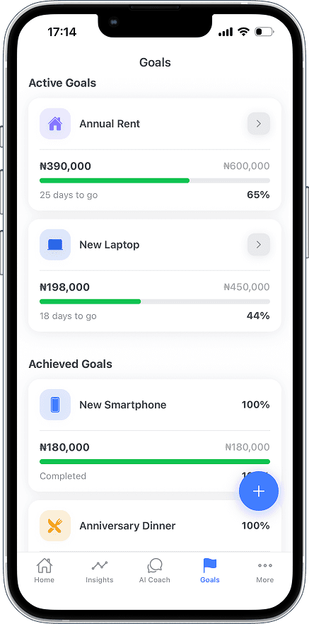 Pocketwize goals screen showing active and achieved savings goals